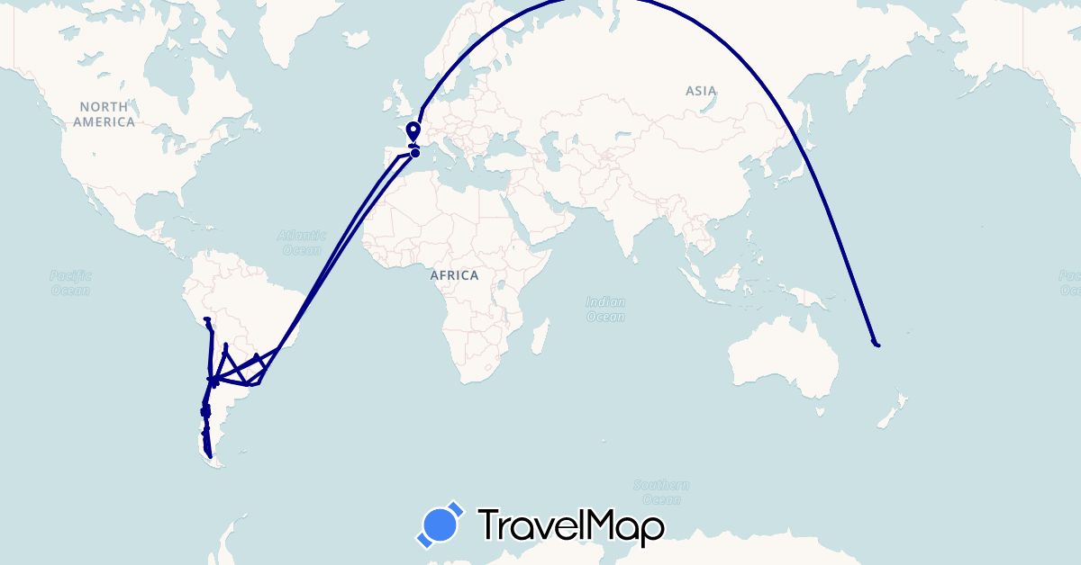 TravelMap itinerary: driving in Argentina, Brazil, Chile, Spain, France, New Caledonia, Netherlands, Peru, Paraguay, Uruguay (Europe, Oceania, South America)
